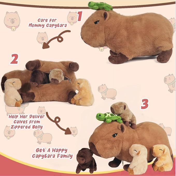 Youthfuljive 5 in 1 Capybara Plush 14.2" Capybara Stuffed Animal with Babies Inside, Mommy Stuffed Capybara Plushies Pillow Toys with 4 Baby Capibaras Peluches for Kids Birthday Party Decor