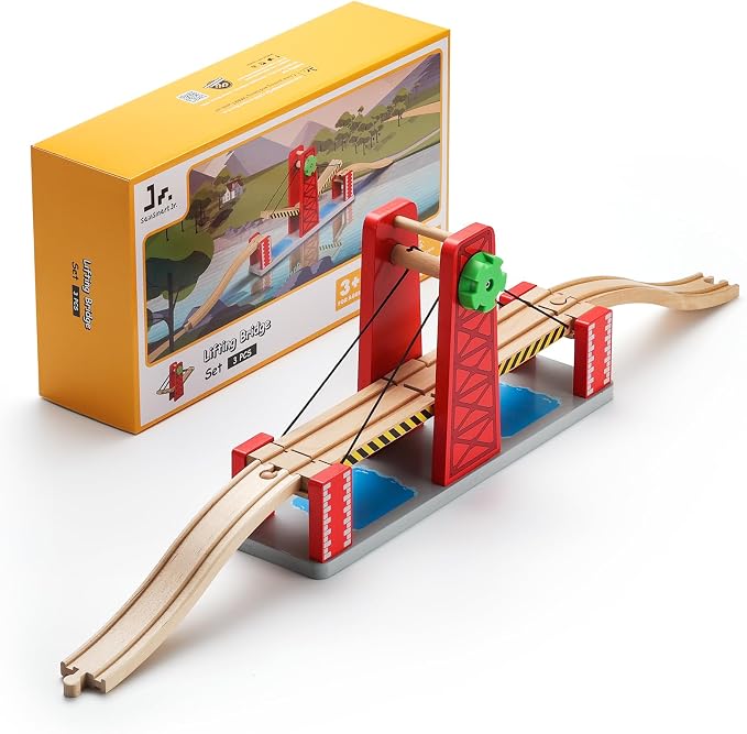 SainSmart Jr. Wooden Train Set Accessories, Lifting Bridge Set, Compatible with Brio, Thomas, Melissa and Doug
