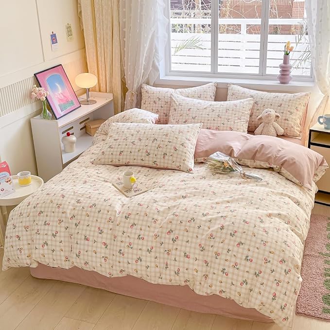 LIWHENHAO Strawberry Duvet Cover Set Twin 100% Cotton Bedding Red Yellow Fruit Floral Flower on Cream White 1 Plaid Grid Comforter Cover Zipper Closure 2 Pillowcases for Kids Girls Boys
