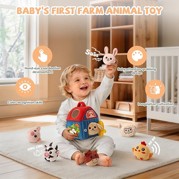 SAIMAND Baby Toys 6-12 Months, Barn with Stuffed Farm Animals, Montessori Toy for Babies, Sensory Toys for Toddlers 1-3, Portable Baby Farmhouse Toy, Birthday Gift for Infants & Toddlers