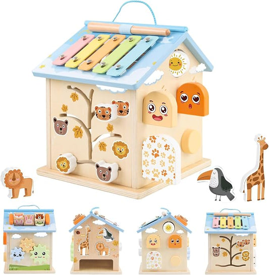 Wooden Activity Cube Montessori Toys for 6 Months Old 1 2 3 Years Toddlers Boys Girls 8-in-1 Baby Activity Center Birthday Gifts Shape Sorter Educational Learning Wood Cube