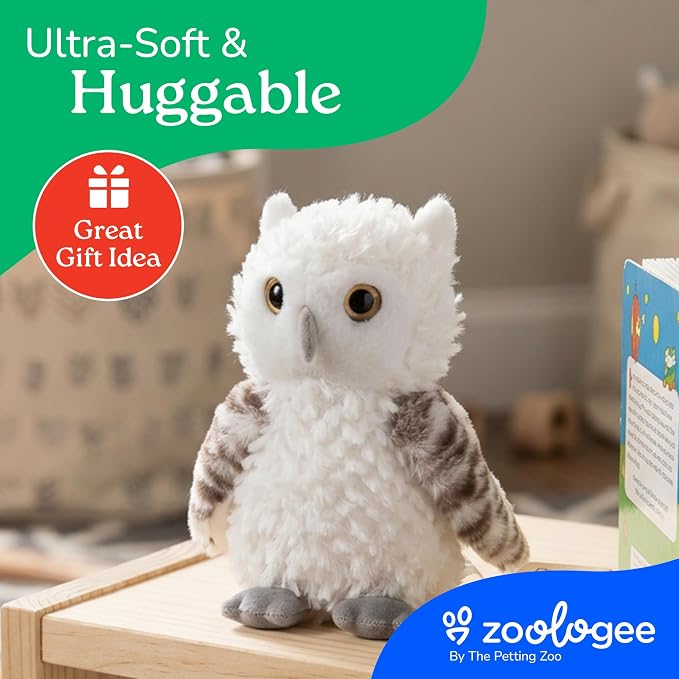 The Petting Zoo Owl Stuffed Animal Plushie, Gifts for Kids, Scoopz Wildlife Animals, White Owl Plush Toy 8 Inches