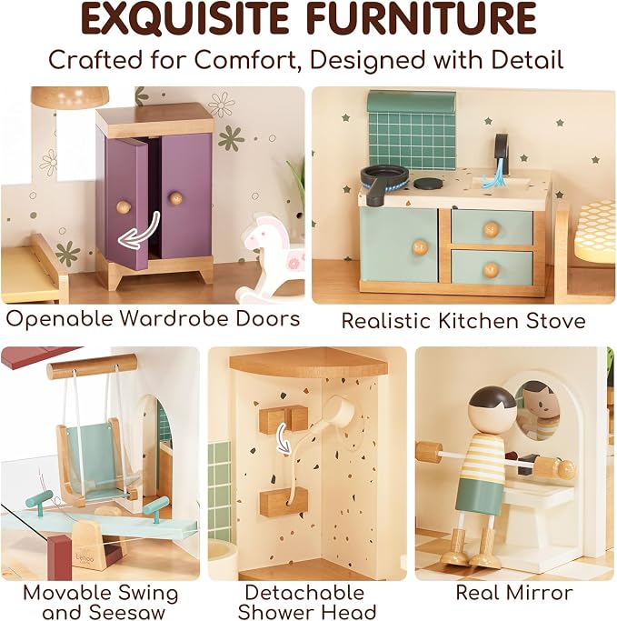 Lehoo Castle Wooden Dollhouse for Girls, Realistic Doll House with 5 Rooms & 38 Accessories, DIY Pretend Play Dream Dollhouse with Doll and Furniture, Ideal Creative Gift for Ages 3+