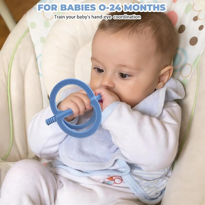 SOLIFEGOBLE 2 Pack Baby Teething Toy for 0-24 Months, Food Grade Silicone Teether, Easy Grip Design to Soothe Gum Pain, BPA-Free, Freezable & Dishwasher Safe (Khaki+Light Blue)
