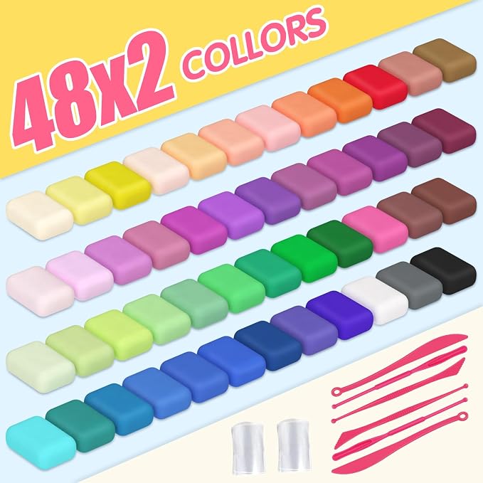 Air Dry Clay 96PCS (2x48Colors), Modeling Clay for Kids with 12 Sheets Dinosaur Stickers & 6PCS Sculpting Tools, Safe & Non-Toxic, DIY Molding Clay Gift for Boys and Girls