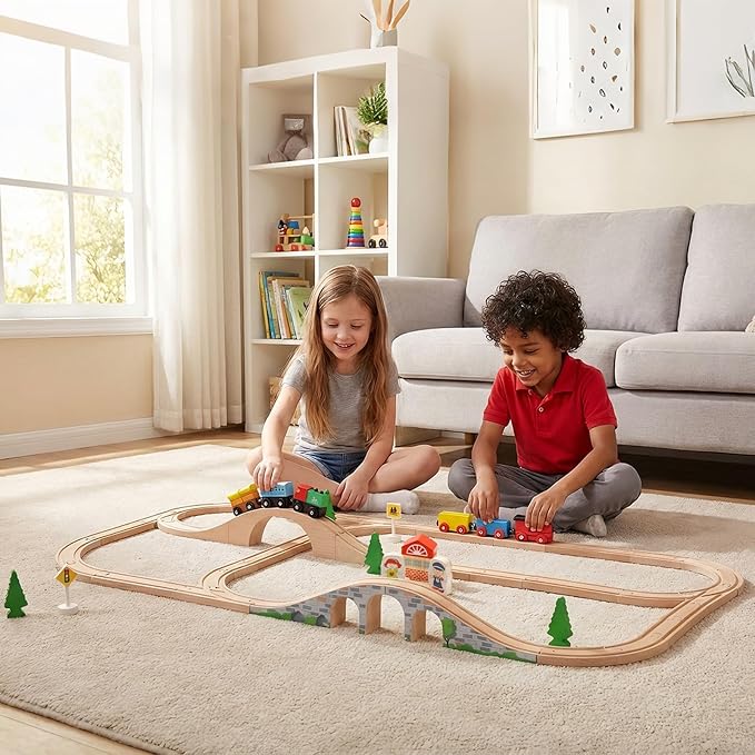 SainSmart Jr. 9 Pcs Wooden Train Track Expansion with Bridge, Wood Train Track Pieces Compatible with Thomas, Brio, Chuggington – Sturdy Hardwood for Long-Lasting Play, Ideal Gift for Kids 3-7