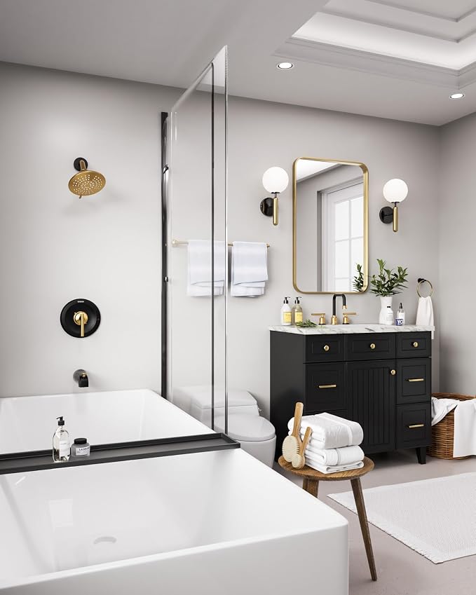 Shower Faucet Set with Valve, WOWOW Shower Trim Kit with 6-Inch Rain Shower Head and Tub Spout, Single Handle Shower Tub Combo complete Sets Wall Mount, Black and Gold