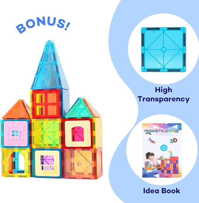 Anbalulu Magnetic Tiles, 63PCS Magnetic Blocks for Kids, Magnet Building Set, Construction Building Set,STEM Sensory Educational Toys Gift for Toddlers Kids 3-9 Year Old