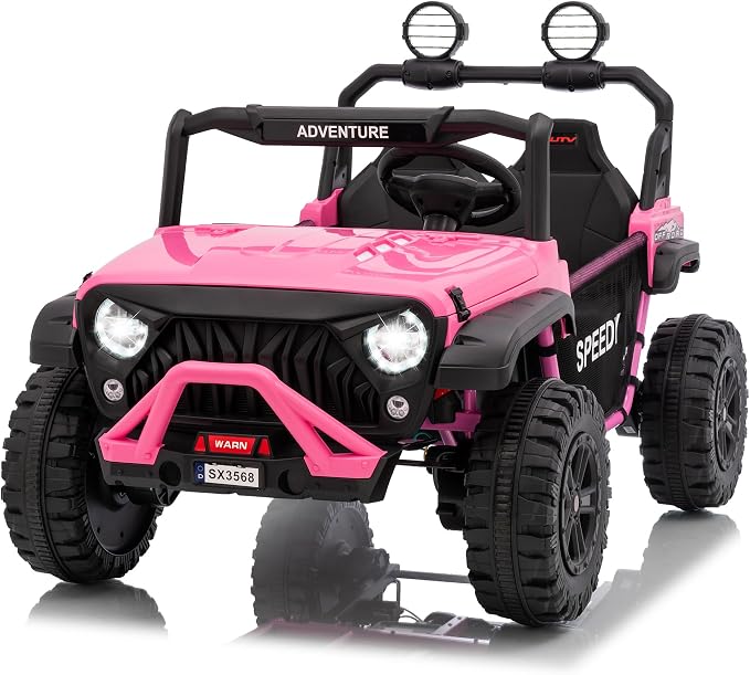 Powerful 24V Ride on Car for Kids, Ride on Truck with Remote Control - 4WD Electric Car, 2 Seater UTV, Spring Suspension, Front & Behind LED Lights, Dual Storage, 3 Speeds, Music,