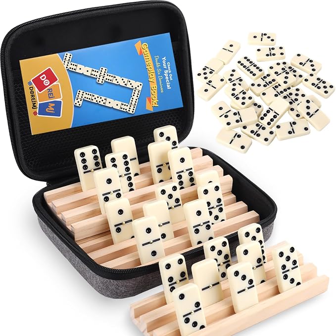 Doreimi Double 6 Dominos Set for Adults with 4 Wooden Racks & 28 Tiles Travel Dominoes Set Classic Board Game for Family Game Night