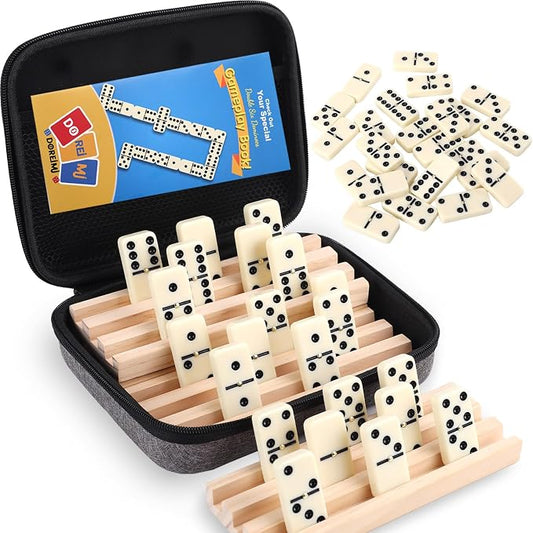 Doreimi Double 6 Dominos Set for Adults with 4 Wooden Racks & 28 Tiles Travel Dominoes Set Classic Board Game for Family Game Night