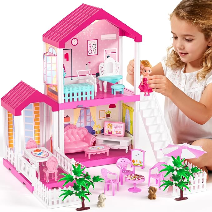TUZT 2-Story Doll House with Stairway, Toy Figure, Pet Dogs, Furniture and Accessories, Pretend Play Dream Dollhouse with Light, Christmas Birthday Gifts for Kids Toddlers Girls Aged 3 4 5 6