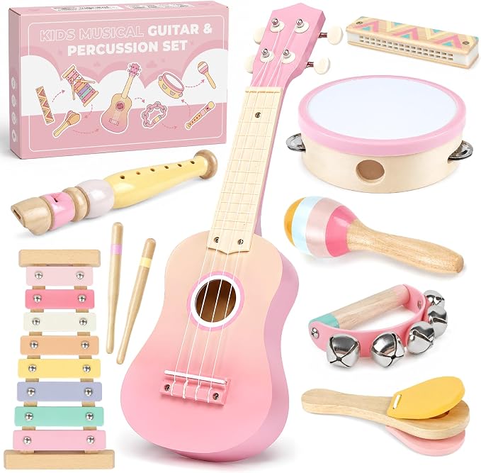 Pink Kids Guitar Set - 8 in 1 Toddler Musical Instruments,Montessori Wooden Ukulele Xylophone Tambourine Maracas Flute,Toy Guitar for Toddler Girl Ages 1-3, Toddler Girl Gifts for 2 Year Old