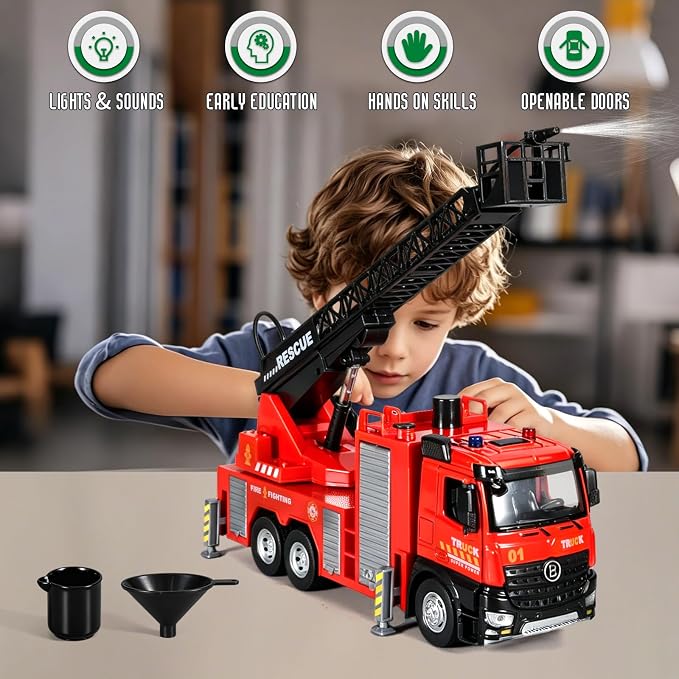 Fire Truck Toy Diecast Metal Cab Water-Spraying Toy Fire Truck for Kids Boys Girls and Toddlers Friction-Powered Fire Truck with Lights and Sounds Fire Trucks for Toddlers 3-5