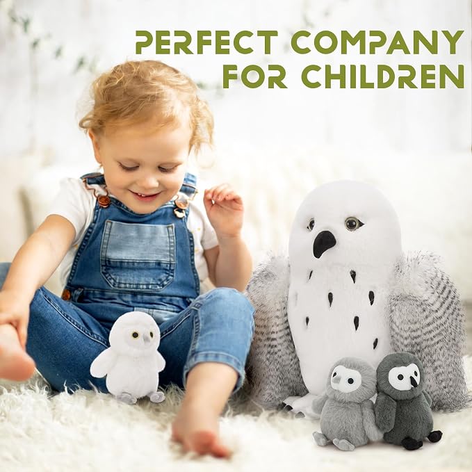 4Pcs Owl Plush Set, Giant Mother Owl Stuffed Animal with 3 Baby Owls Inside, 18" Cute Stuffed Owl for Girls Boys Kids, Soft Owl Plushie Gift for Christmas Birthday Baby Shower, White