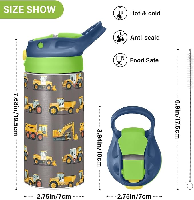 Boccsty Yellow Tractor Truck Kids Water Bottle with Straw Lid Car Insulated Stainless Steel Reusable Tumbler for Boys Girls Toddlers 12 oz Green