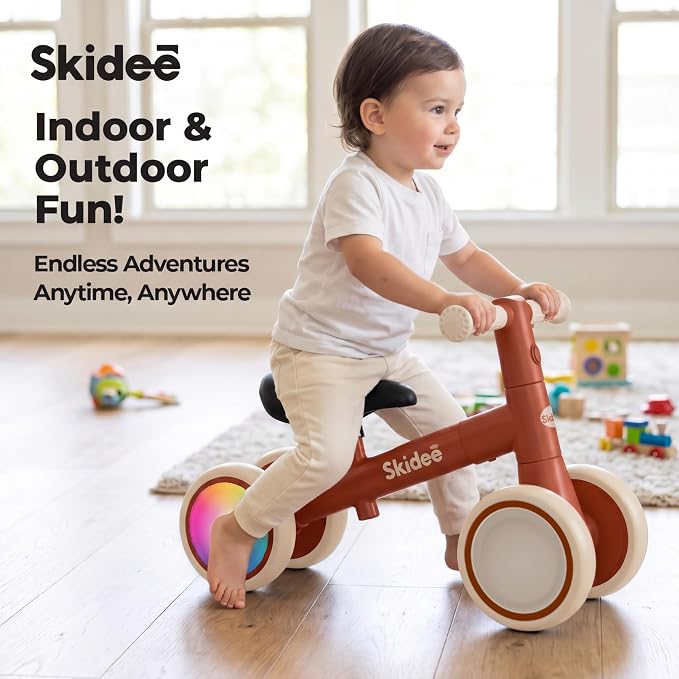 SKIDEE Toddler Balance Bike 1-3, 4-Wheel Balance Bike with Rare Light-Motion-Activated LED Wheels, Adjustable Height & Child Safe Steering, Lightweight Ride-On Toy Training Bike for Boys & Girls
