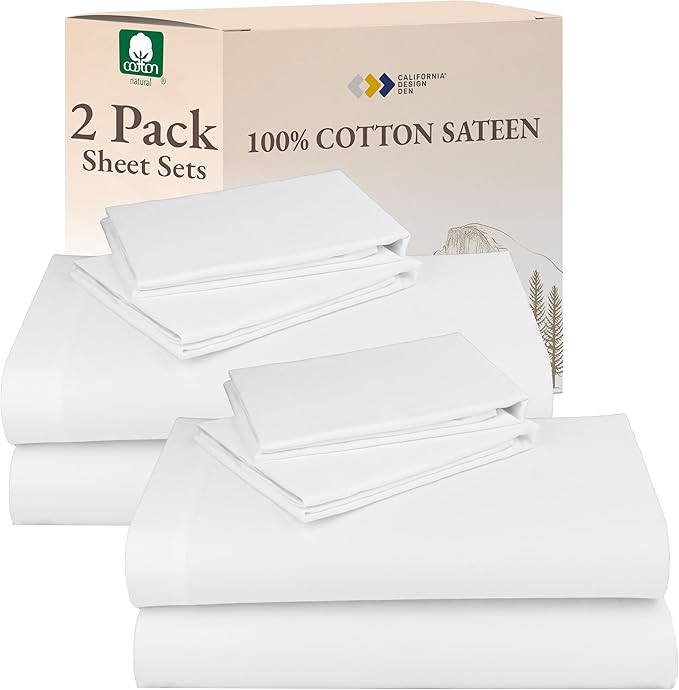 California Design Den 100% Cotton Pack of 2 Sheets for King Size Bed, Soft & Durable King Size Deep Pocket Sheet Sets, King Sheet Set with Sateen Sheets (White)