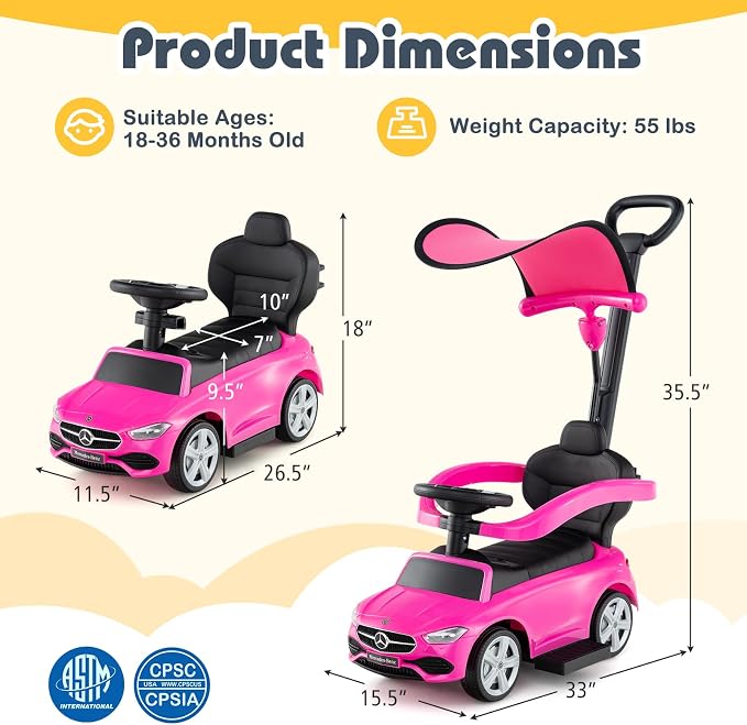 Costzon Push Car for Toddlers, 3 in 1 Mercedes Benz Stroller Sliding Walking Car w/Canopy, Handle, Safety Bar, Horn Sound, Underneath Storage, Foot-to-Floor Ride On Toy for Boys & Girls (Pink)