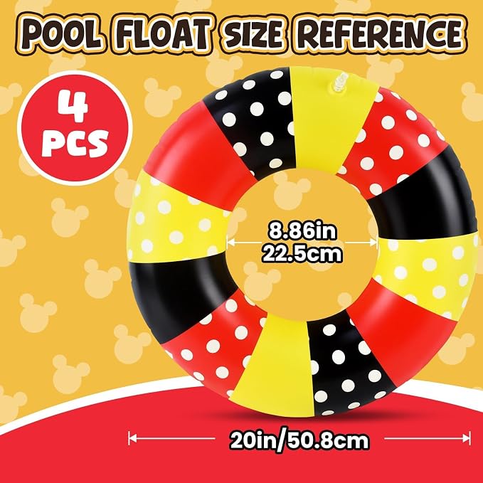 4-Pack Cartoon Mouse Pool Floats, 20 Inch Red & Black Kids Inflatable Swim Rings, Summer Toys for Hawaiian Beach & Water Park