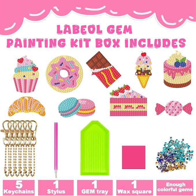 Labeol Arts and Crafts for Kids Ages 8-12 - Creat Your Own GEM Keychains-5D Diamond Art by Numbers GEM Art Kits for Kids Girls Toddler Crafts Age 6-7 6-8 10-12 (Dessert)