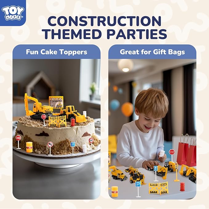 TOY Life 35 PCS Construction Toys, 12 Mini Construction Vehicles with Accessories, Excavator Bulldozer Dump Truck Playset, Sandbox Toys and Cake Toppers for Kids Ages 3-8