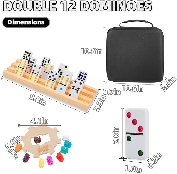 Doreimi Upgraded Mexican Train Dominoes Set with 8 Wooden Holders, Double 12 Dominos Set for Kids, Adults Travel Domino Train Set with 91 Tiles and Carry Case, Classic Board Games for Family Night