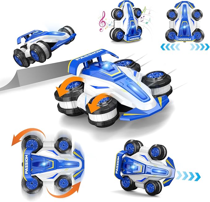 2-in-1 RC Stunt Racing Car, Blue, 360° Spins, Anti-Gravity Mode, Side Wheelie, Standing Drift, LED Lights, for Kids Ages 4+