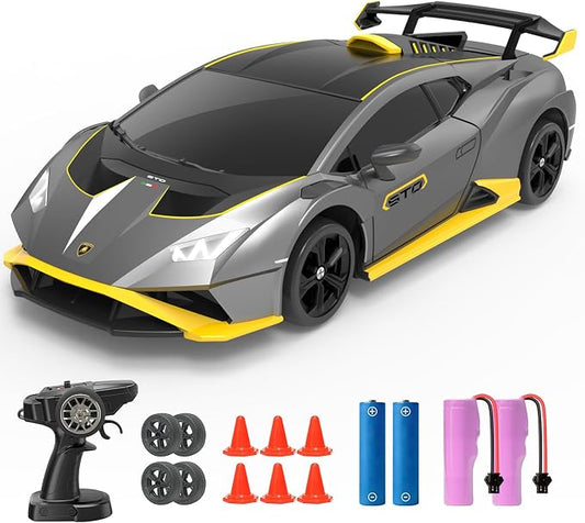 YONCHER RC Drift Car, Remote Control Car for Kids Lamborghini Officially Licensed, 1:24 20KM/H 4WD RC Cars with Lights, Fast Racing Toy Car for Boys Girls, Gray