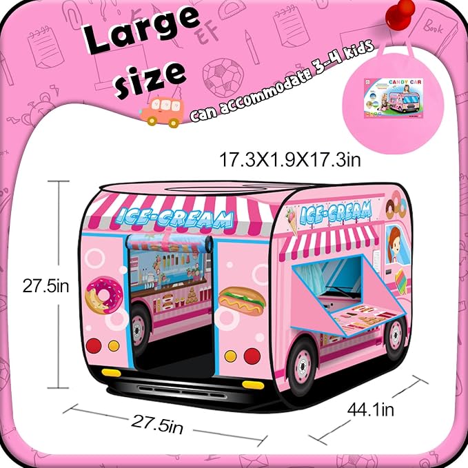 Pop up Play Tent for Kids Aged 3-5 Years Old Boys and Girls : Ice Cream Playhouse Toy Play Tents for Toddlers 3-5 Kids Tent Indoor Outdoor Playhouse Toys for 3 + Year Old, Ice Cream