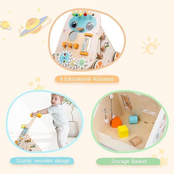 Wooden Baby Walker, Adjustable Speed Baby Push and Pull Learning Activity Walker, Wooden Push Walker Activity Center Toy with 7 Educational Activities, Learning & Walking Toy for Boys Girls