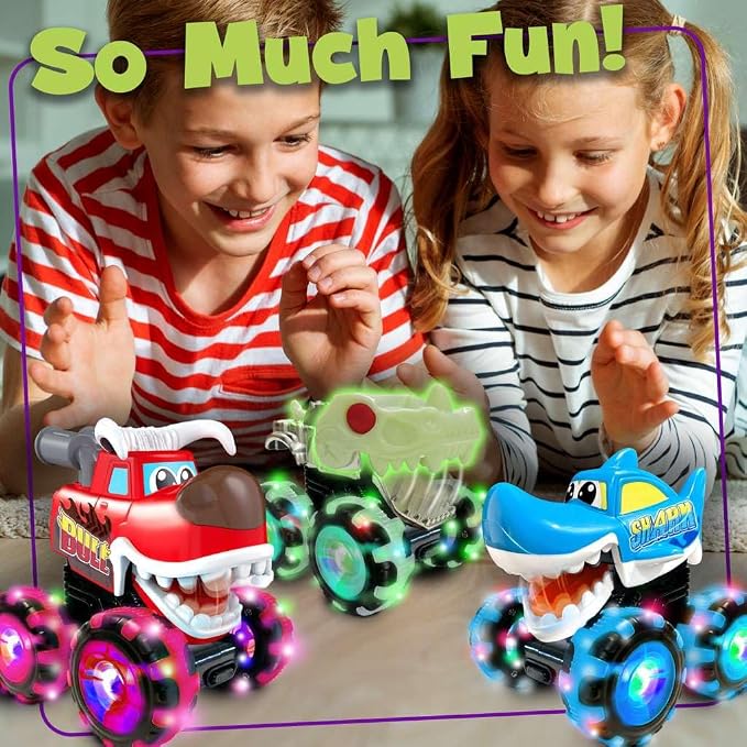 Stargo 3 Pack Monster Truck Toy - Motion Activated Light-Up Cars for Toddlers Bull, Shark, Glow in the dark Skull Pull Back Lightning Wheels Press & Go Cars for Easter Basket Stuffers & Birthday Gifts