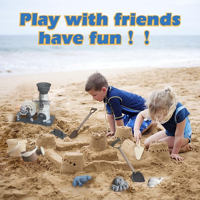 Beach Toy Set,12 Piece Sand Toys Cartoon Windmill Hourglass Toy, Includes Two Shovels, Water Bucket, Watering Can, Animal Tools Toys, Beach Toys Suitable for Children Aged 3-13