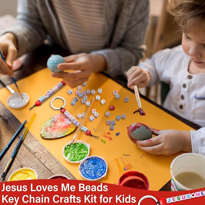 Ferreve 36 Sets Jesus Loves Me Beads Key Chain Crafts Kit for Kids Religious DIY Keychain Bulk Inspirational Letter Heart Shape Beads Key Ring for Jewelry Making VBS Week Sunday School Christian Gifts