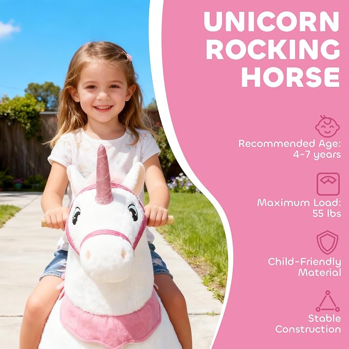 Qaba Ride on Horse for Kids 4-7 Years, 37.8 Inch Height Plush Riding Unicorn, Walking Horse Animal with Rolling Wheels for Active Play, No Batteries Required, White