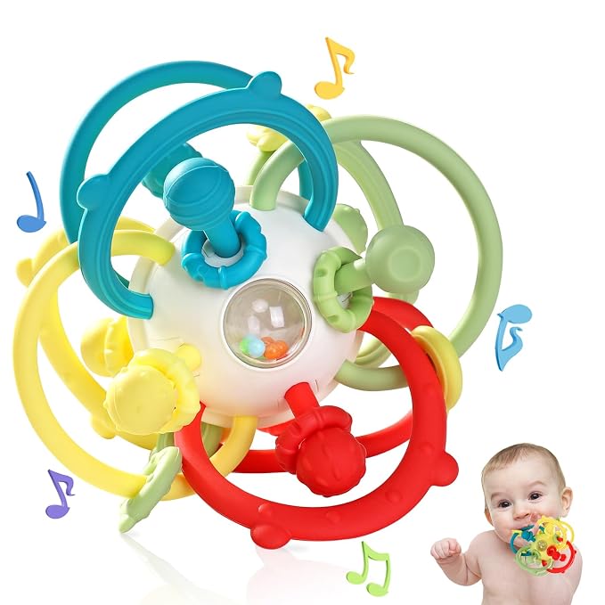 Baby Rattle Teething Toys, Baby Ball Teether Toys for 0 3 6 9 12 18 Months, Silicone Montessori Teethers with Rattle Ball for Newborn Infant, Sensory Delopmental Gift for Boys Girls, Beige