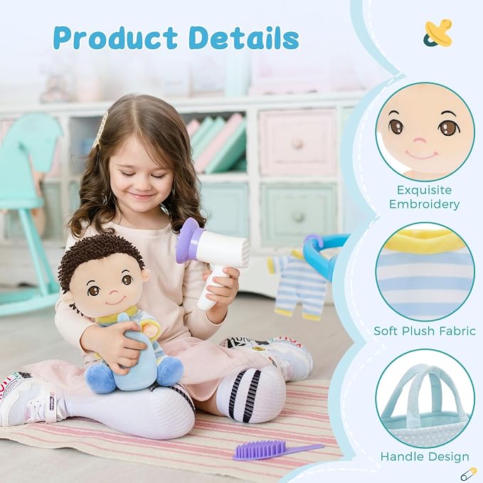 MaoGoLan 6Pcs Blue Baby Doll Set, 11'' Baby Doll Accessories, Soft Plush Doll with Portable Bassinet, Blanket, Bottle & Clothes, Pretend Play Set, Ideal Valentine Christmas Birthday Gift for Boys