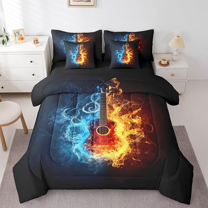 Feelyou Guitar Comforter Set with Sheets King Size Rock Music Bed in a Bag for Boys Girls Teens Black Blue Orange 7 Pieces Bedding Set Soft Lightweight Microfiber