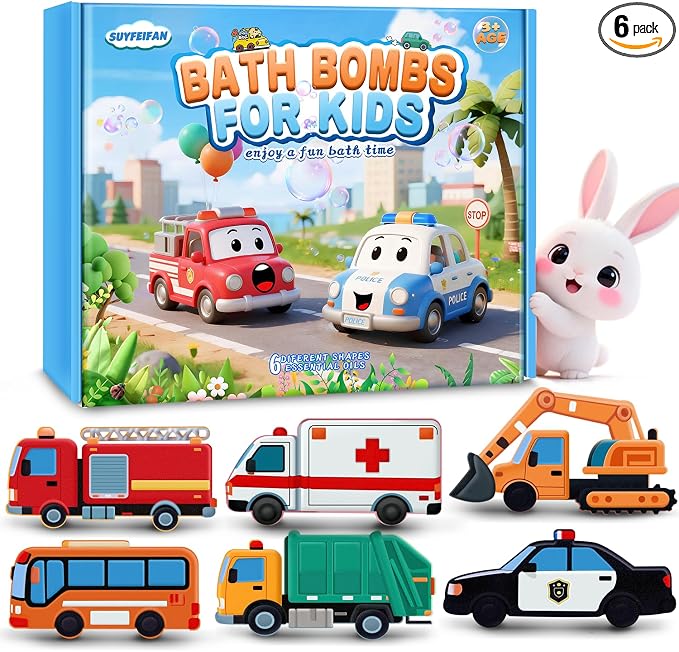 Bath Bombs for Kids, STEM Gifts for Boys Girls Ages 3-12, Handcrafted Car 6 Pack Natural Organic Bubble Bath Bomb Toys, Shaped Like Excavators, Police Car, School Buses, Fire Trucks
