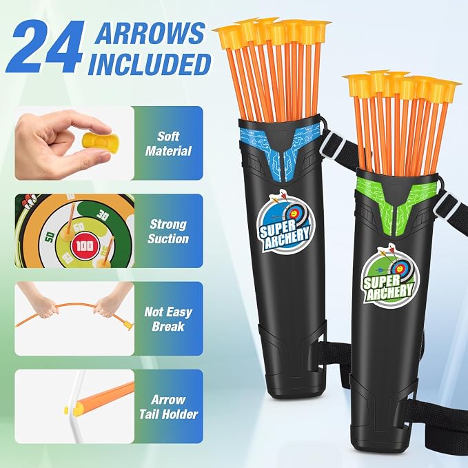 HYES 2 Pack Bow and Arrow with Moving Target for Kids, LED Light Up Archery Set with 24 Suction Cup Arrows, 6 Score Targets & 2 Quiver, Indoor Outdoor Sport Gifts for Boys Girls Ages 4-12