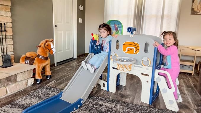 XJD 8 in 1 Toddler Slide Set, Kids Slide for Toddlers Age 1+, Climber Slide PlaySet with Basketball Hoop and Ball,Outdoor Indoor Playground for Toddlers 1-3 (Blue, Small)