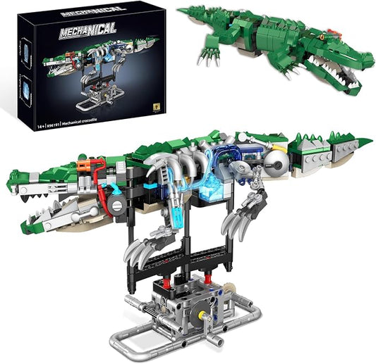 Kinetic Mechanical Crocodile Building Kit - Light-Up Interactive Animal Model with Hand-Crank Moving Jaw, Claws & Tail - STEM Construction Toy for Kids & Adults