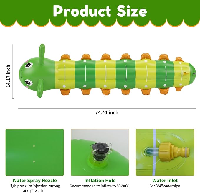 Water Sprinkler for Kids, Large Caterpillar Inflatable Sprinkler, Kids Sprinklers for Yard, Outdoor Water Toys Spray Summer Water Play for Boys Girls Dogs Backyard (Green)