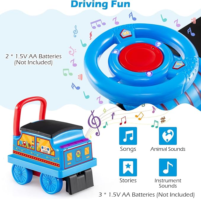 OLAKIDS 6V 2-Seater Ride on Train with Carriage, Storage, Train Whistle, Music, Lights for 18 Months+ (2 Seaters, Circus)