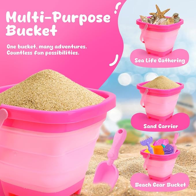 AuntyFey Collapsible Beach Toys for Kids Ages 4-8, Sand Toys for Toddlers Ages 3-4-8, Beach Toy Set with Collapsible Beach Buckets, Sandbox Toy for Kids