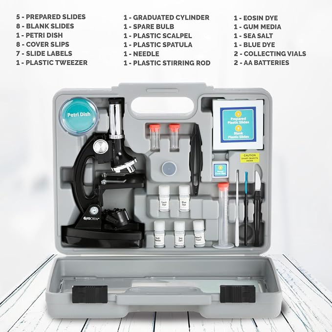 IQCrew By AMSCOPE KIDS - Black Metal Arm Starter Kids Student Compound Microscope Kit with Fossil Dig Activity Kit and Insect Slides