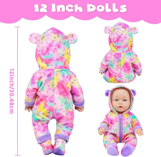 Ecore Fun 12 Inch Baby Doll with Outfit, Sleeping Bag,Pacifier, Bottle, Diaper & Care Set, Realistic Pretend Play Doll Accessories for Kids 3+