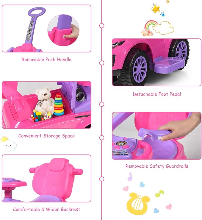 Costzon 3 in 1 Ride on Push Car, Stroller Sliding Walking Car with Horn, Music, Light, Under Seat Storage, Parental Handle, Armrest Guardrails, Ride on Toy for Boys & Girls (Pink)