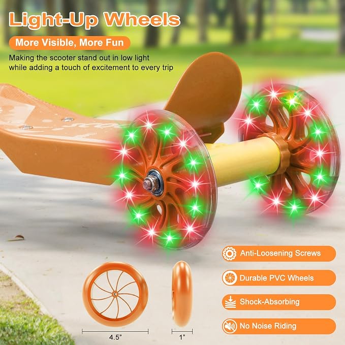 Kids Scooter: LED Lighted 3 Wheel Scooters for Kids 2-5,3 Adjustable Height Handlebar, Anti-Slip Deck,Heavy Duty Metal Scooters for Boys Girls Ages 3-5, up to 110 Lbs,Toddler Kick Scooter 2 Year