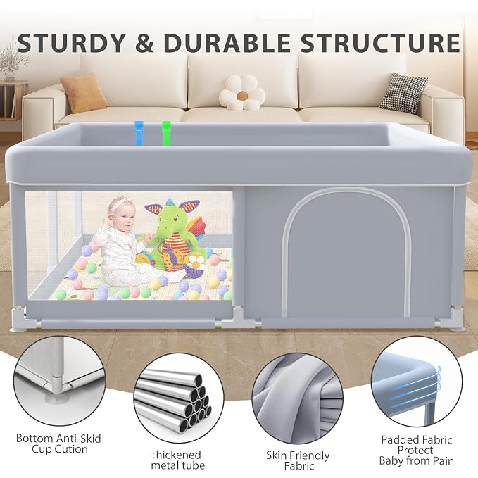 XVISHX Baby Playpen with Mat, 50x50 Inch Play Pen, Playpen for Babies and Toddlers, Baby Playard for Indoor & Outdoor Active Center Game Fence, with Skin-Friendly Fabric and Soft Breathable Mesh